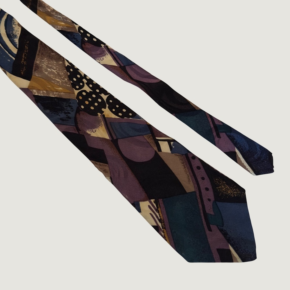 Via Europa Silk Tie Purple Blue Abstract Geometric Vintage OS Necktie Hand Made